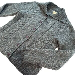 LL Bean Blue Gray Cable Marled Collar Button Wool Blend Cardigan Sweater MEDIUM‎